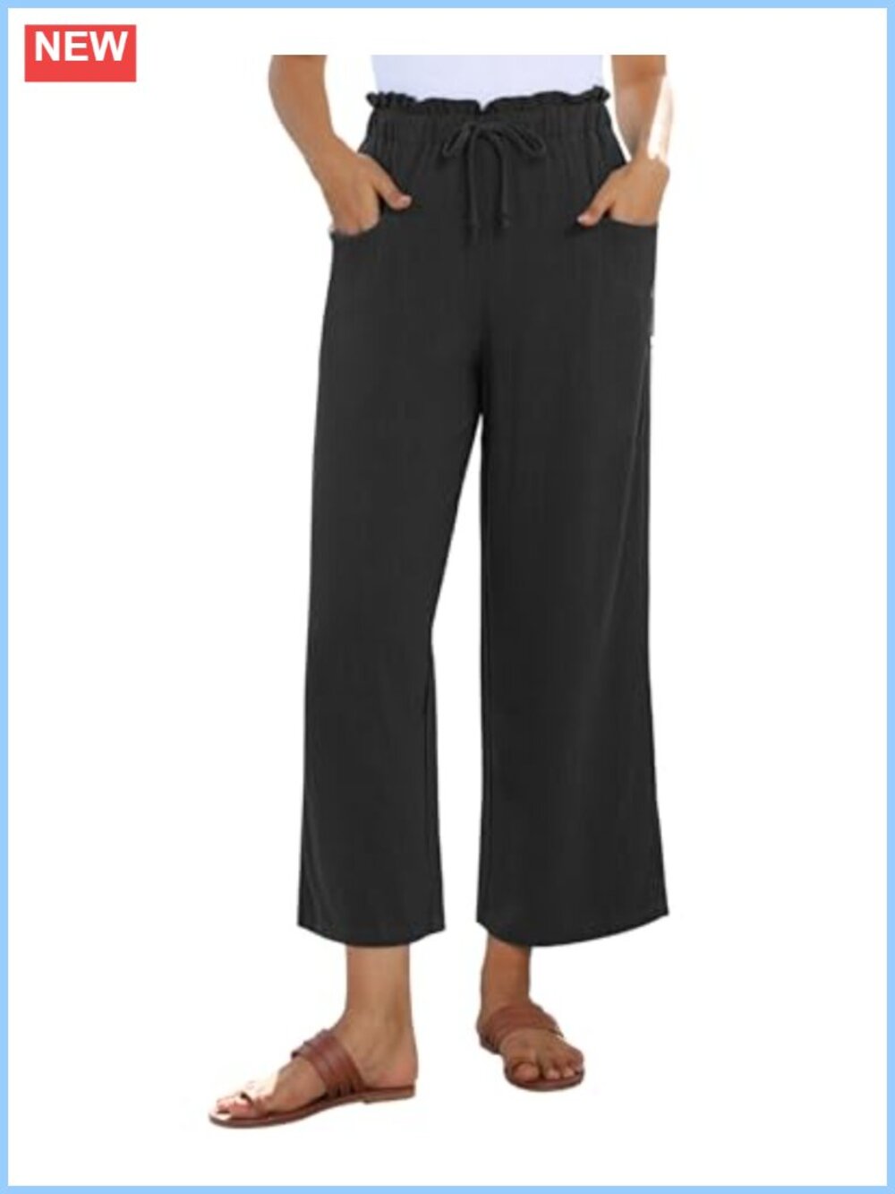 Rayon Linen Wide Leg Cropped Pants High Waist Flowy Drawstring Summer